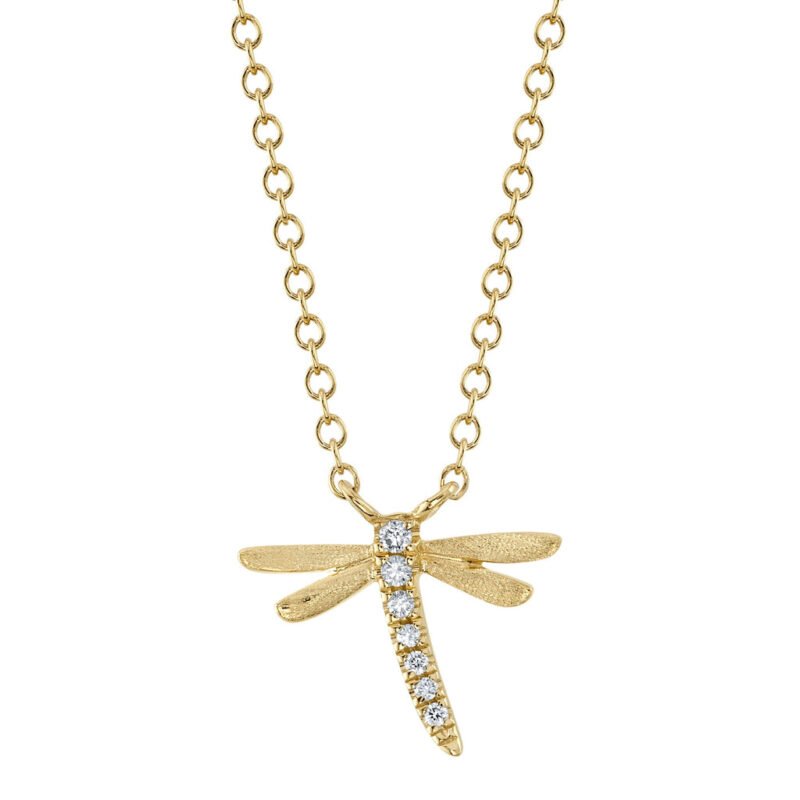 18K Solid Gold 0.03Ct Diamond Dragonfly Necklace
