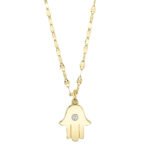 18K Solid Gold 0.03Ct Diamond Hamsa Necklace