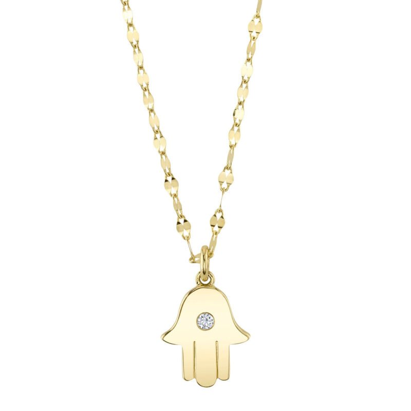 18K Solid Gold 0.03Ct Diamond Hamsa Necklace