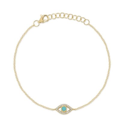 18K Solid Gold 0.06Ct Diamond & 0.07Ct Composite Turquoise Eye Bracelet