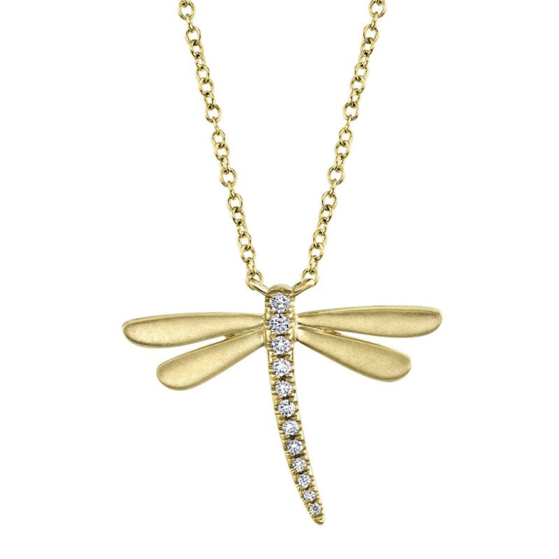18K Solid Gold 0.08Ct Diamond Dragonfly Necklace