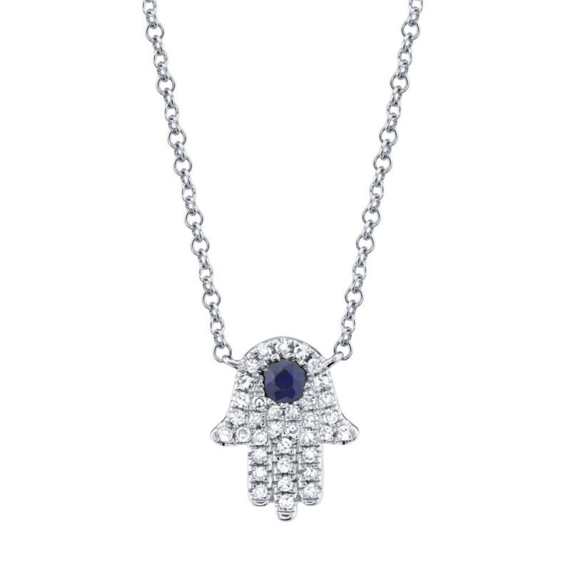 18K Solid Gold 0.1Ct Diamond & 0.08Ct Blue Sapphire Hamsa Necklace