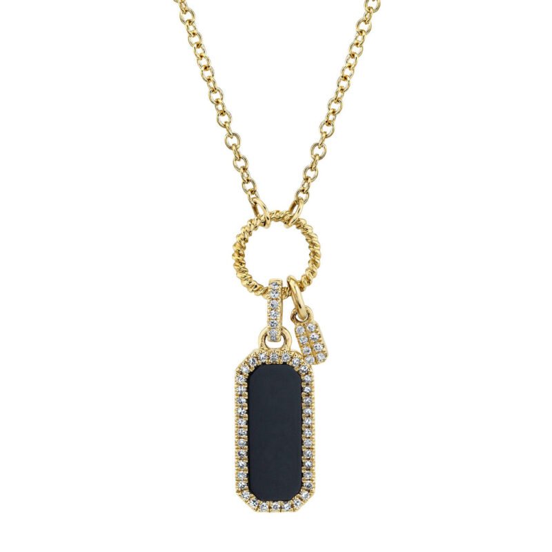 18K Solid Gold 0.13Ct Diamond & 0.60Ct Black Onyx Dog Tag Necklace