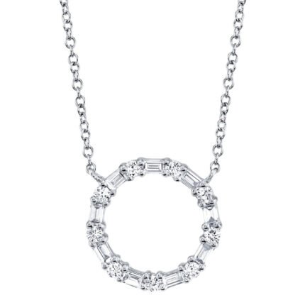 18K Solid Gold 0.1Ct Diamond Baguette Circle Necklace