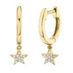 14K Solid Gold 0.04Ct Diamond Star Charm Huggie Earrings