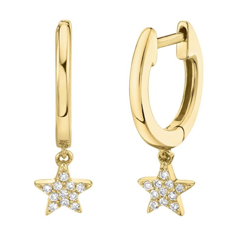 14K Solid Gold 0.04Ct Diamond Star Charm Huggie Earrings