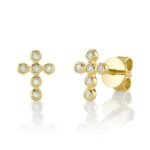 14K Solid Gold 0.07Ct Diamond Bezel Cross Stud Earring