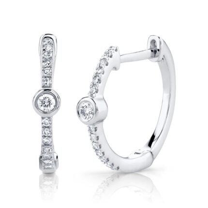 14K Solid Gold 0.13Ct Diamond Bezel Hoop Earring