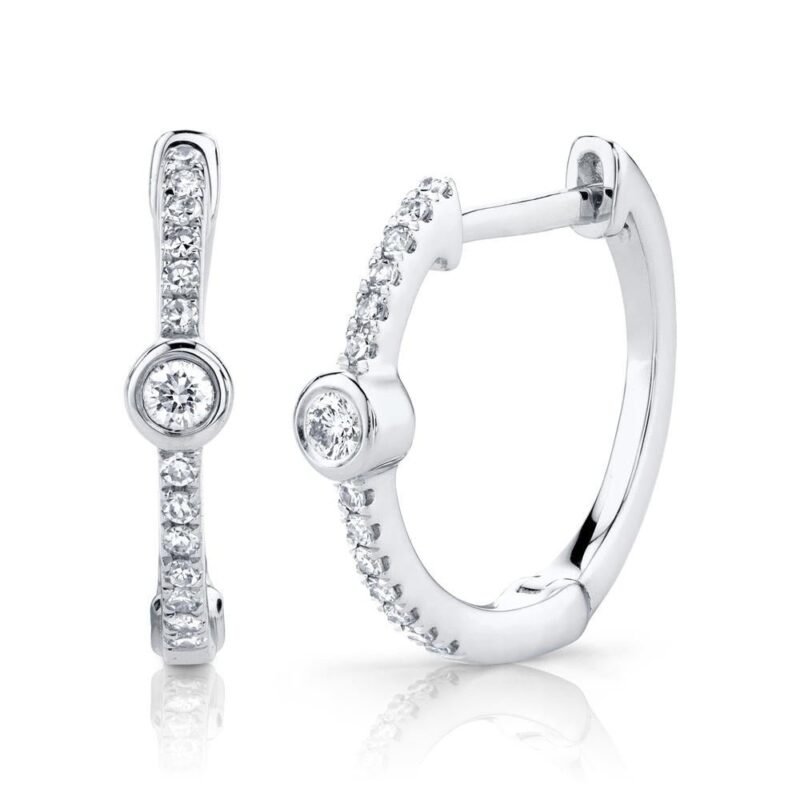 14K Solid Gold 0.13Ct Diamond Bezel Hoop Earring