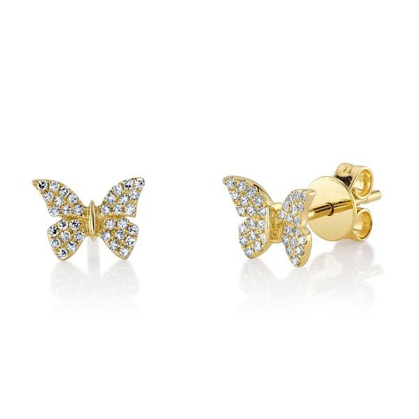 Dainty 14K gold butterfly stud with 0.15Ct lab-grown diamond. IGI certified, available in yellow, white, or rose gold. Dainty 14K gold butterfly stud with 0.15Ct lab-grown diamond. IGI certified, available in yellow, white, or rose gold.