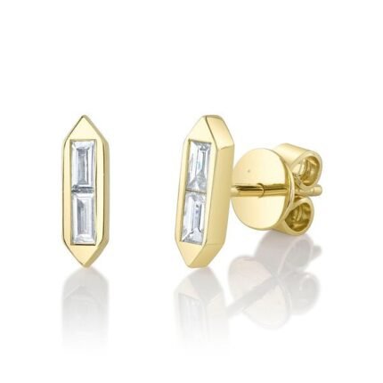14K Solid Gold 0.18Ct Diamond Baguette Stud Earrings