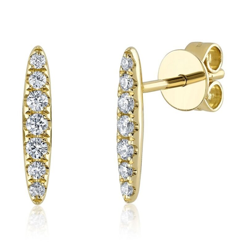 14K Solid Gold 0.19Ct Diamond Bar Stud Earrings
