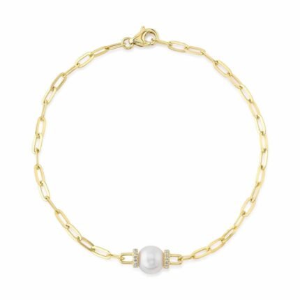18K Solid Gold 0.07Ct Diamond & Cultured Pearl Paper Clip Link Bracelet