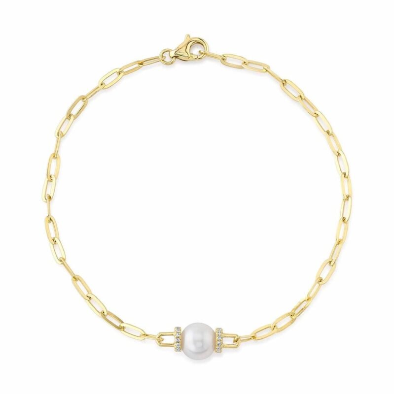 18K Solid Gold 0.07Ct Diamond & Cultured Pearl Paper Clip Link Bracelet