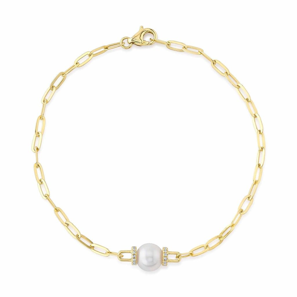 2024/04/1000140316.jpg 18K Solid Gold 0.07Ct Diamond & Cultured Pearl Paper Clip Link Bracelet