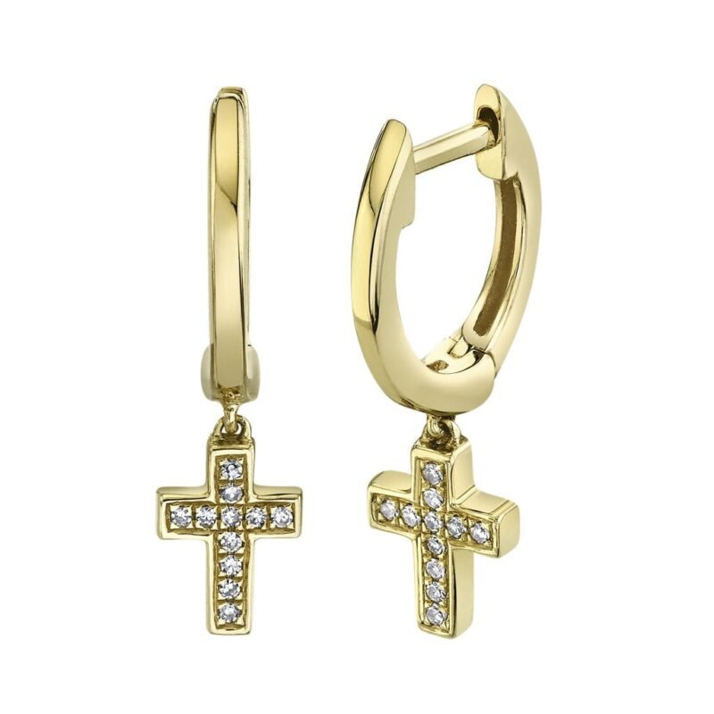 14K Solid Gold 0.04Ct Diamond Cross Charm Huggie Earrings