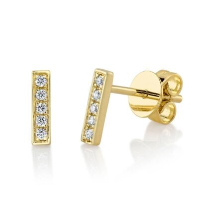 14K Solid Gold 0.08Ct Diamond Bar Stud Earring