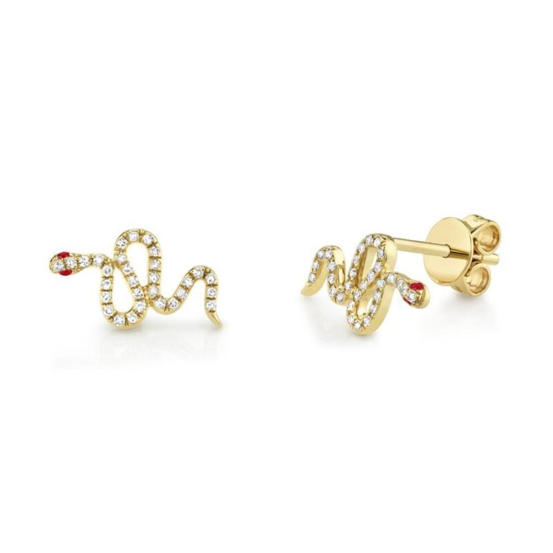 14K Solid Gold 0.13Ct Diamond & 0.03Ct Ruby Snake Stud Earring