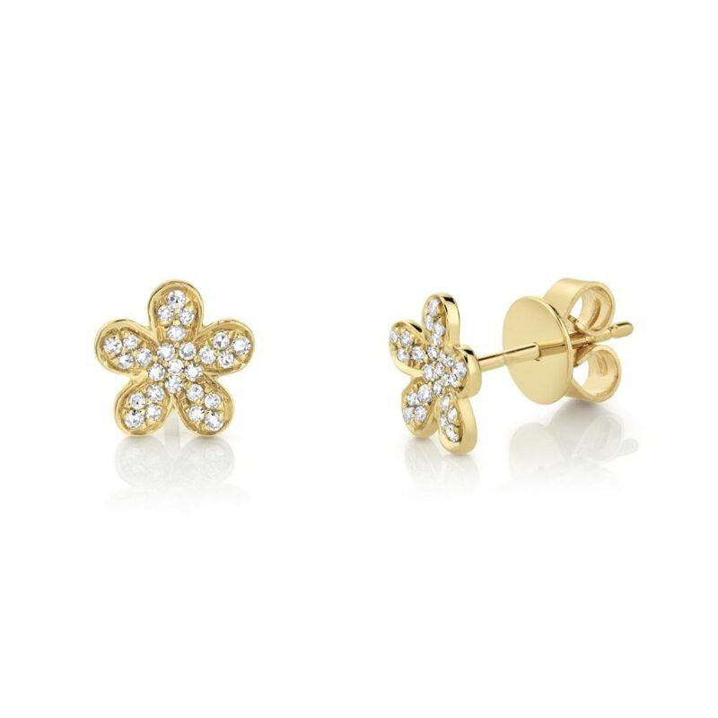 14K Solid Gold 0.16Ct Diamond Flower Stud Earrings