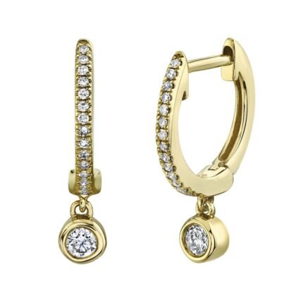 14K Solid Gold 0.14Ct Bezel Charm Diamond Huggie Earrings