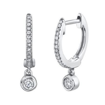 14K Solid Gold 0.14Ct Diamond Bezel Charm Huggie Earrings