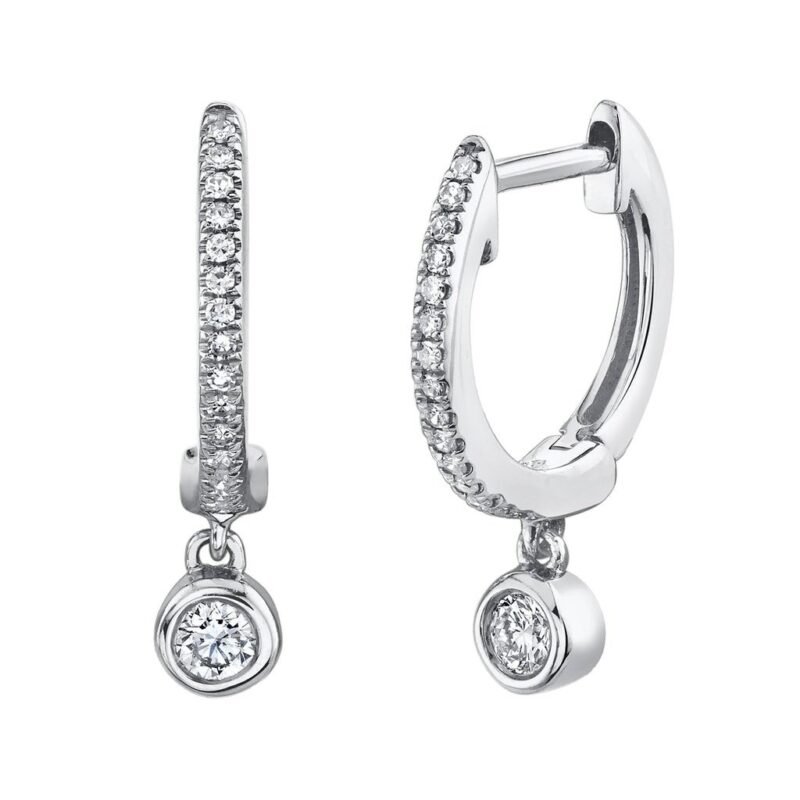 14K Solid Gold 0.14Ct Diamond Bezel Charm Huggie Earrings