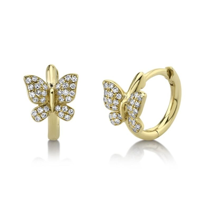 14K Solid Gold 0.14Ct Diamond Butterfly Huggie Earring