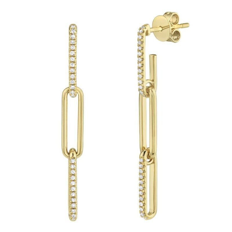 14K Solid Gold 0.17Ct Diamond Paper Clip Link Earrings