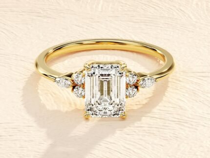 1ct Emerald Cut Engagement Ring with Marquise and Round Side Stones