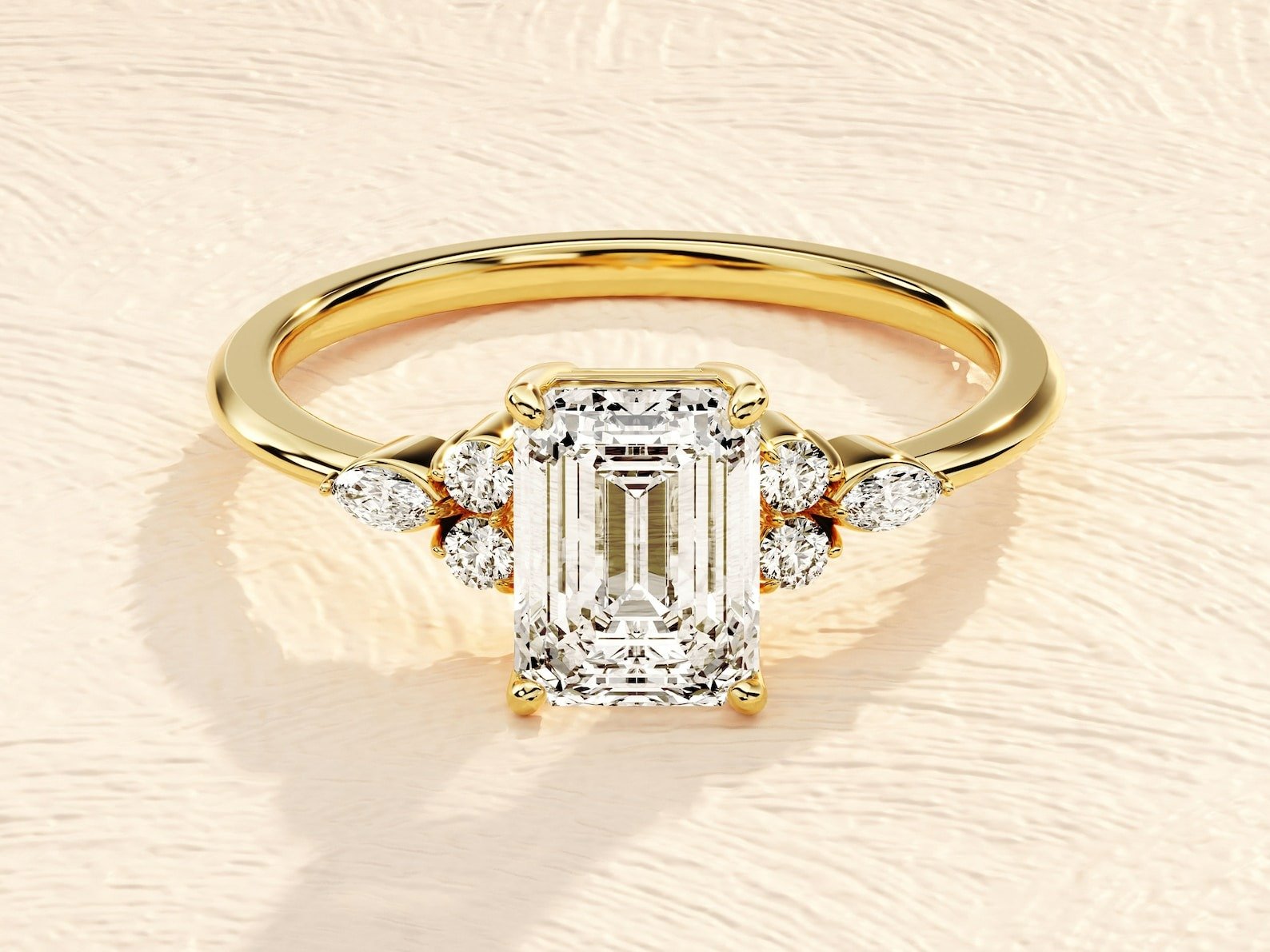 1ct Emerald Cut Engagement Ring with Marquise and Round Side Stones 1ct Emerald Cut Engagement Ring with Marquise and Round Side Stones