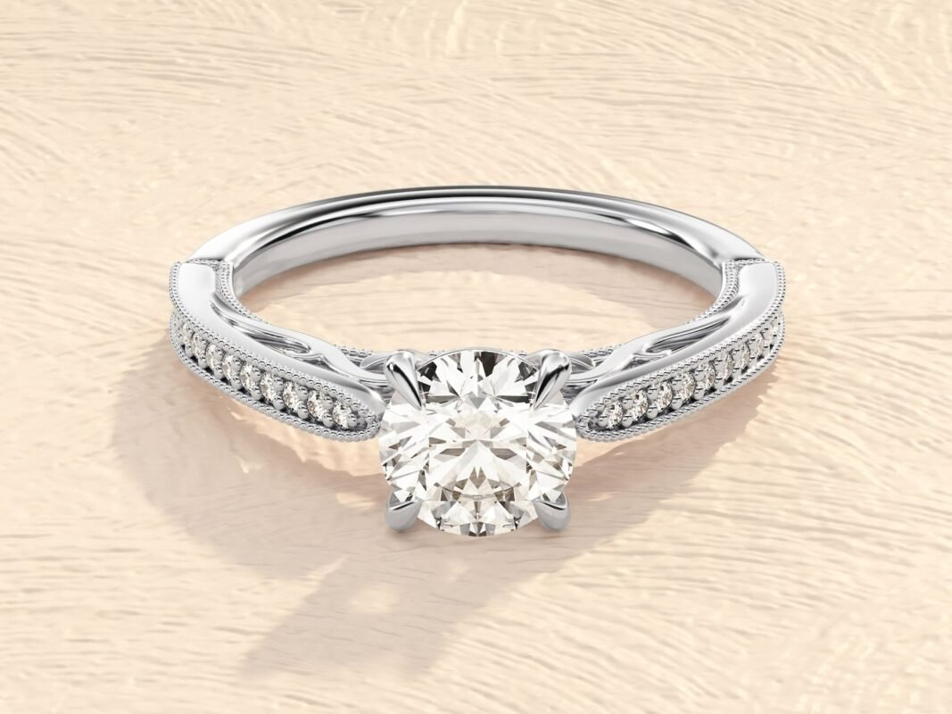 Round Cut 1 ct Lab Grown Diamond Pave Setting Engagement Ring