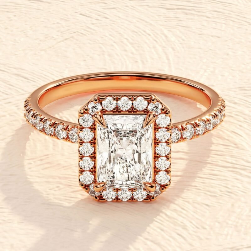 14K Solid Gold Emerald Cut Halo Ring Lab Grown Diamond Engagement Ring