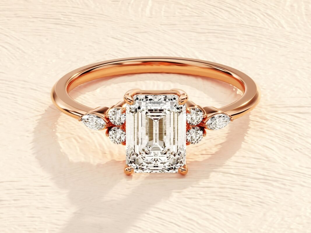 2.5ct Emerald Cut Engagement Ring with Marquise and Round Side Stones