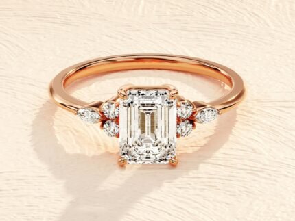 2.5ct Emerald Cut Engagement Ring with Marquise and Round Side Stones