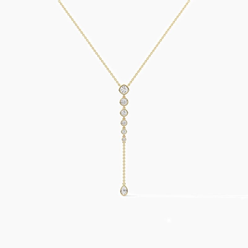 18K Solid Gold 1.50 CT Classic Cushion & Round Diamond Lariat Drop Necklace