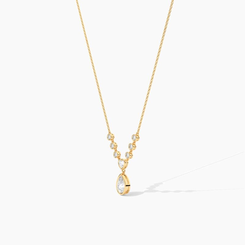 18K Solid Gold Heart & Pear Cut Diamond Drop Necklace