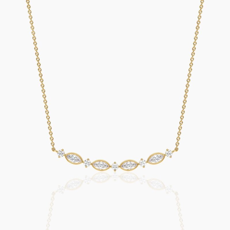 18K Solid Gold 1.29CT Marquise & Round Diamond Bar Necklace