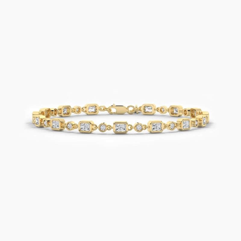 18K Solid Gold 0.46CT Radiant & Round Diamond Tennis Bracelet