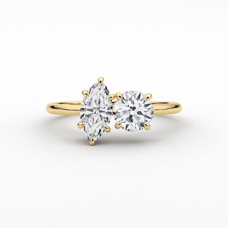 18K Solid Gold 1.50CT Marquise & Round Diamond Toi et Moi Engagement Ring